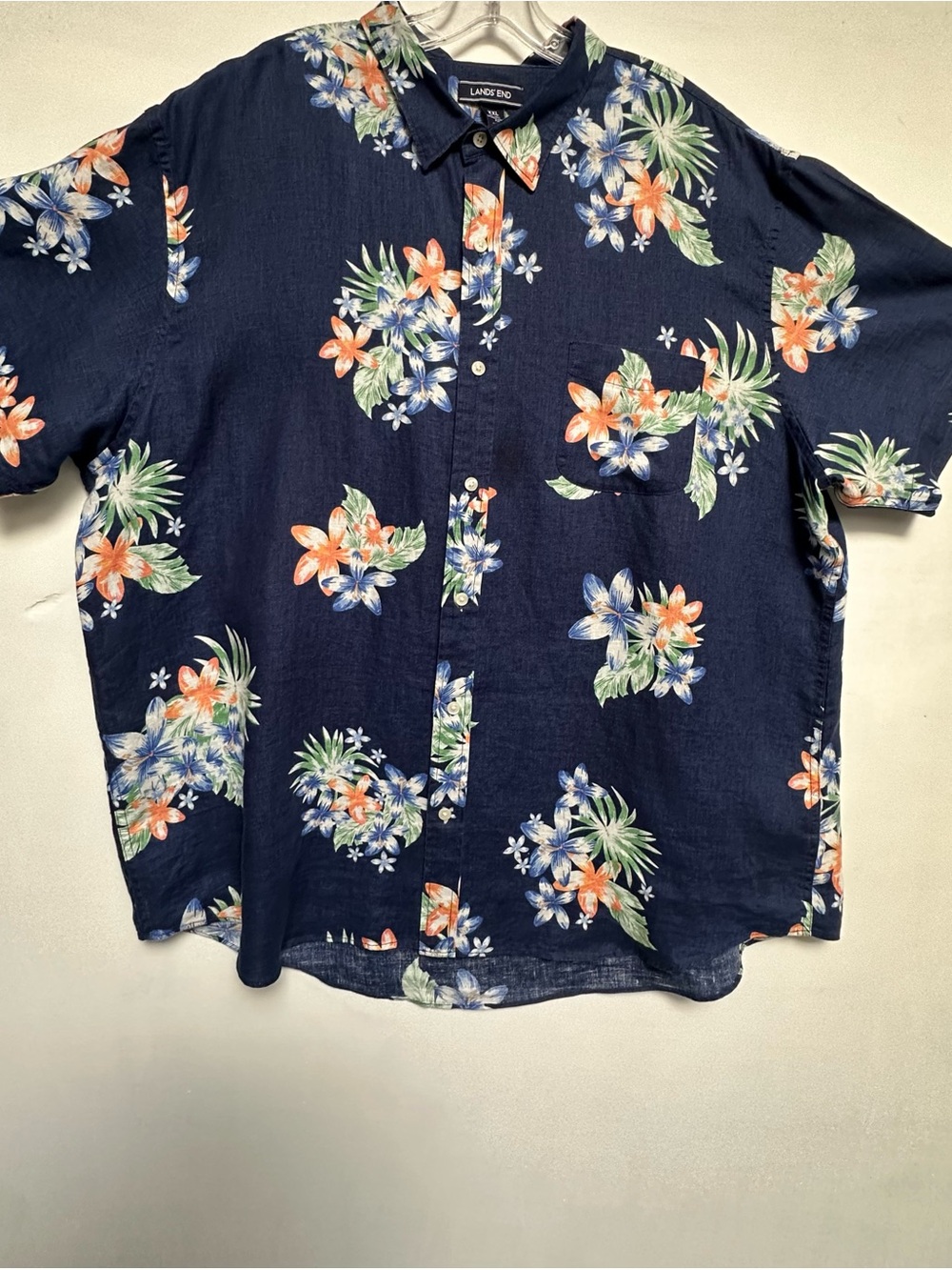 LANDS END 100% LINEN XXL MEN’S HAWAIIAN SHIRT FLORAL CAMP SHIRT BLUE EXCELLENT